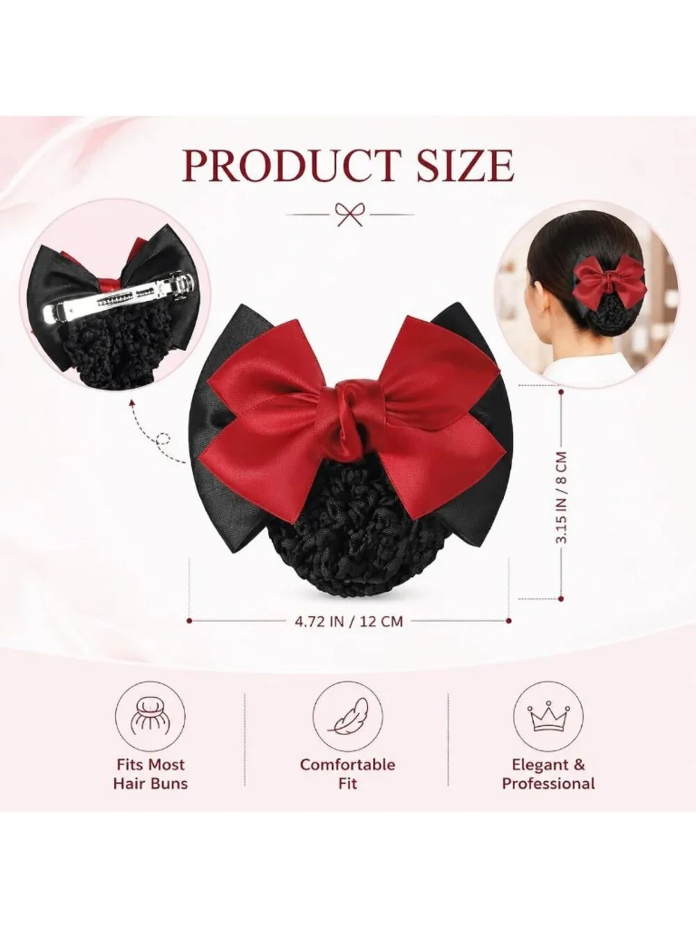 Chic Red Satin Bow Snood & Barrette Set | Non-Slip Mesh Hair Clips for Women